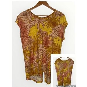 Tahari Linen Orange Tropical Foliage Button Back Short Sleeve Casual Blouse XL